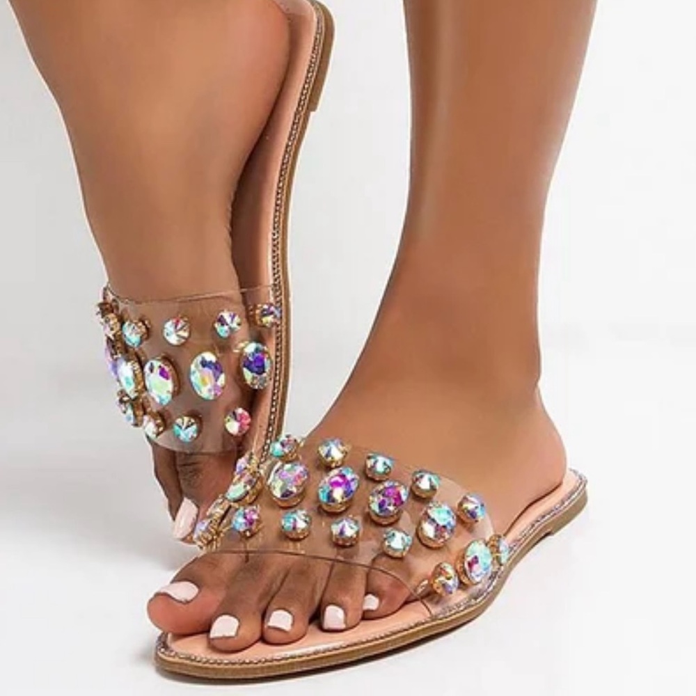 Miss Lola Nude Open-Toe Flat Colorful Crystal Slide Sandals Size 8.5